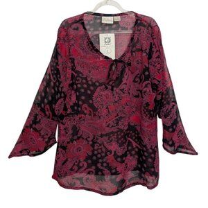 NEW Adini Sheer Floral Tunic Womens Size Large Black Lightweight Shirt
